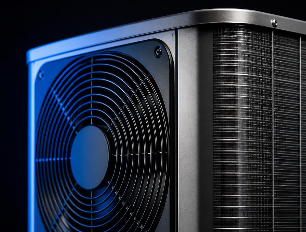 Close-up of a modern outdoor condenser unit with cool blue lighting