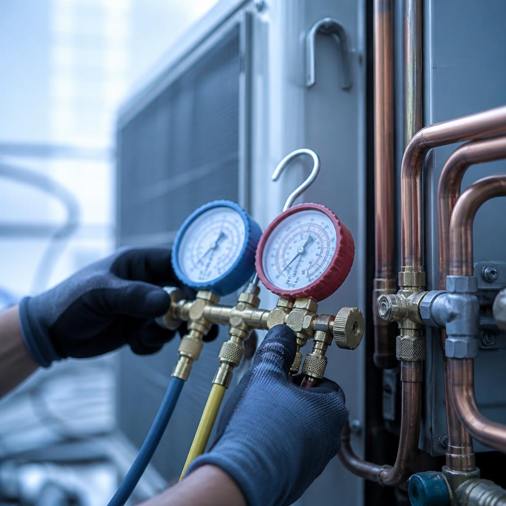 Refrigerant manifold gauges being connected during an HVAC installation