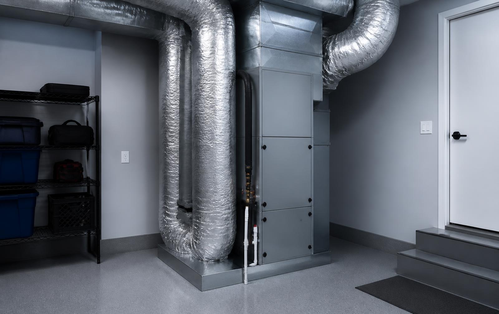 Indoor HVAC air handler connected to insulated ductwork in a home utility space