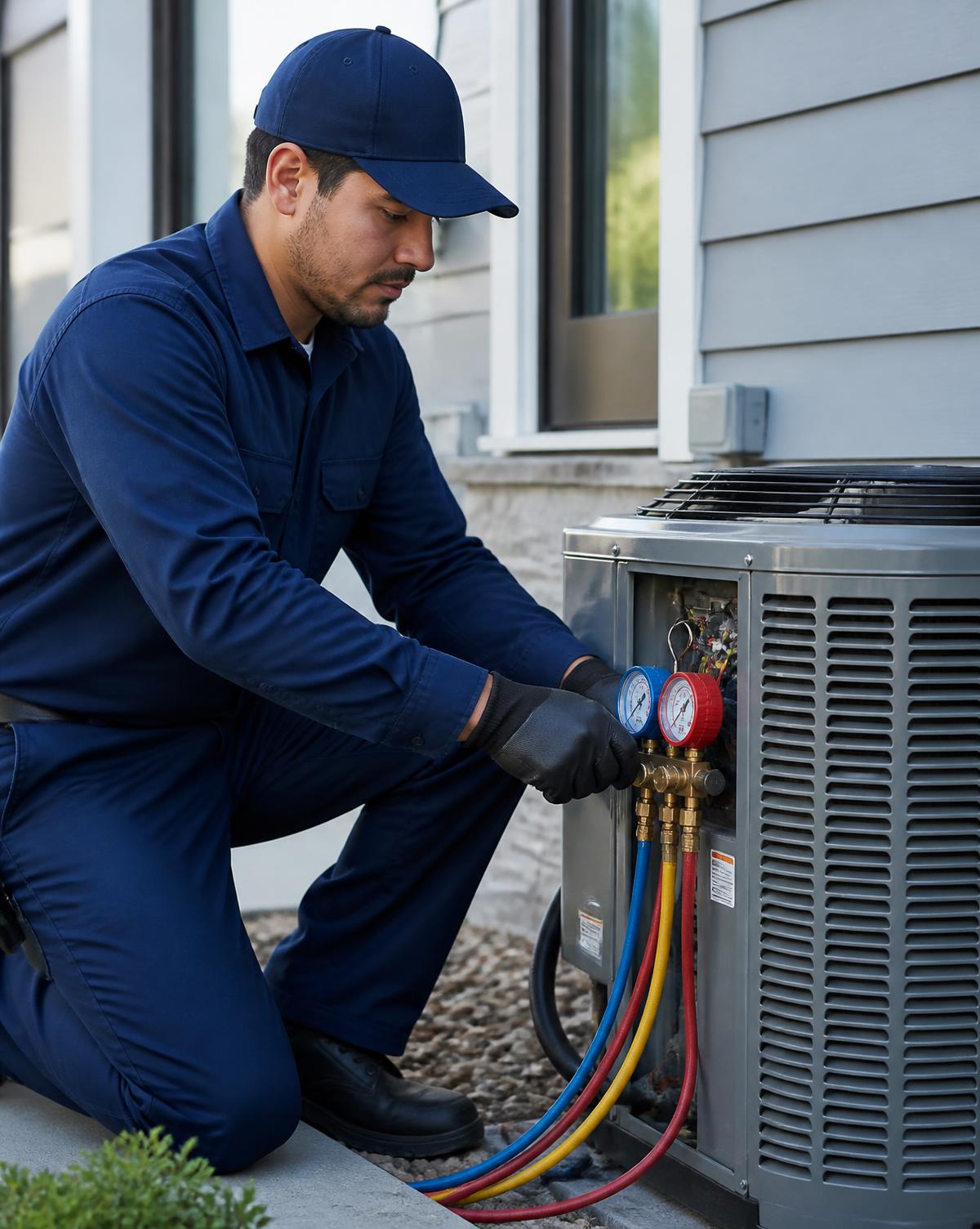 HVAC technician checking pressure gauges on an outdoor condenser unit